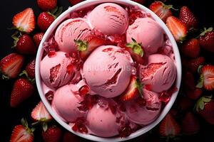 Top view of a ball of strawberry ice cream in a tub surrounded by natural strawberries, pink background photo