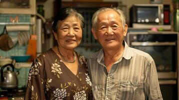 Portrait of a lovely mature Asian couple at home in the kitchen photo