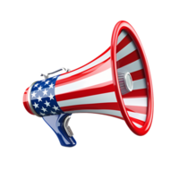 3d megafone com americano bandeira projeto, ideal para Inglês língua marketing, político campanhas, público discursos, e meios de comunicação promoções. png