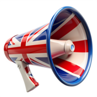 3d Megaphon mit britisch Flagge Design, Englisch Sprache Förderung, britisch Kultur Symbol, Sprache Lernen, Kommunikation, Öffentlichkeit Apropos, Marketing Konzept png