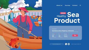 Landing page idea with indonesian sea product fisherman activity flat design illustration vector