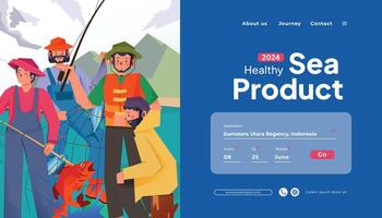 Landing page idea with indonesian sea product fisherman activity flat design illustration vector