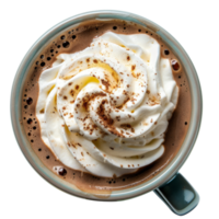 Cup of delicious hot chocolate with whipped cream isolated on transparent background, png