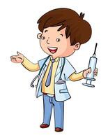 A cute boy standing in a doctor uniform with injection in hand vector
