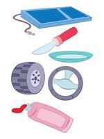 set of tools like knife toothpaste plate wheel vector