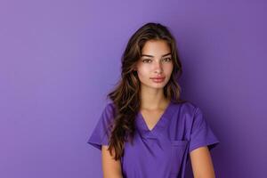 An alluring woman dons medical scrubs, set against a vibrant purple background, offering a placeholder banner with ample copy space ideal for both the medical and beauty industries, Generated AI photo