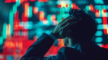 In a moment of financial turmoil, a close-up shot portrays the concern etched on an of investors face as they witness the stock market data plummet, Generated AI photo