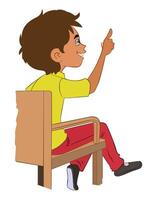 un linda chico sentado en un silla y señalando dedo vector