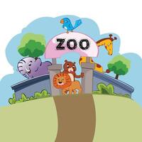 a zoo with wild animals and birds namely lion elephant ziraffe bird trees etc vector