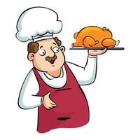un grasa cocinero vistiendo cocinero sombrero y que lleva carne en un plato vector