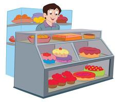 Worker standing behind the counter at bakery image vector