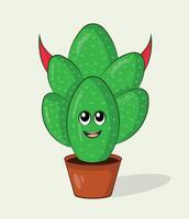 Ugly cactus plant with cartoon face on a pot flat illustration with outline stroke vector