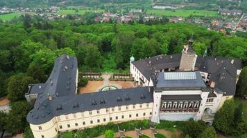 Aerial east revealing view of chateau Zbiroh in Czechia video