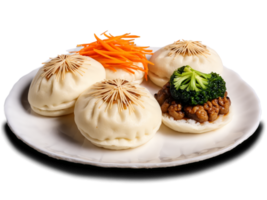 baozi med ångad bullar olika fyllningar och grönsaker på rena vit yta png