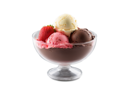 Ice cream Neapolitan scoops with chocolate vanilla and strawberry in a transparent glass bowl colorful png