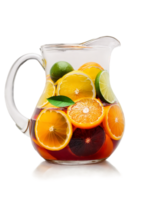 Sangria with slices of oranges lemons and limes in clear glass pitcher png