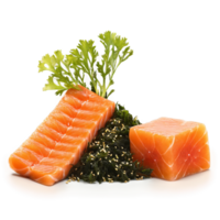 Salmon poke glistening orange fish cubes seaweed and sesame seeds tumbling isolated on transparent Food png