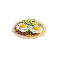 Huevos rancheros fried eggs atop crispy tortillas with salsa and avocado tumbling over the sides png