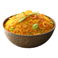 Vegetable biryani fluffy golden rice with vegetable confetti fried onion strings isolated on transparent Food png