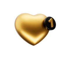 Gold heart 1 like notification. 3d illustration. png