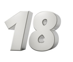 Silver 3d numbers 18 eighteen. 3d illustration png