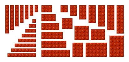 Big set of red plastic building toy blocks. Simple collection of childrens bricks. Abstract illustration isolated on a white background vector