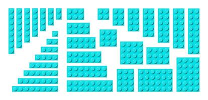 Big set of turquoise plastic building toy blocks. Simple collection of childrens bricks. Abstract illustration isolated on a white background vector