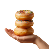 Female hand holding donut over transparent background png