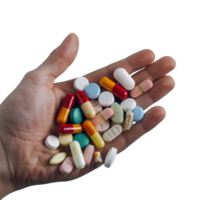 een hand- Holding een veel van pillen geïsoleerd png