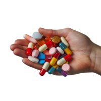 A hand holding a lots of pills isolated png