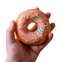 Female hand holding donut over transparent background png