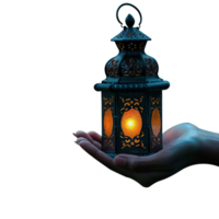 Hand holding arabic lantern isolate on transparent background png