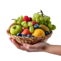 A hand basket of fruits holding isolated on transparent background, Ai png