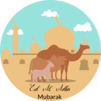 content eid Al adha salutation Contexte avec illustration de animal chameau vache et chèvre sacrificiel png