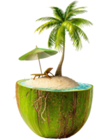 Young coconut inside contains tropical island and beach umbrella, transparent background png