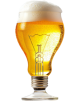 A glass of beer shaped like a bright light bulb, transparent background png