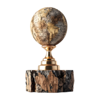 een goud en bronzen wereldbol zit Aan een houten baseren png