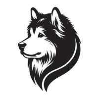 Thoughtful Alaskan Malamute Dog Face Illustration in black and white vector