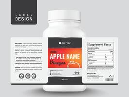 Food supplement multi vitamin label apple sticker design vinegar dietary capsule modern bottle jar box packaging. vector