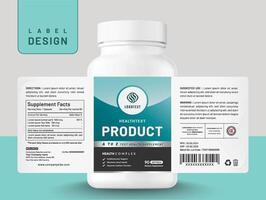 Food supplement multi vitamin label sticker design and medicine bottle jar box packaging. vector