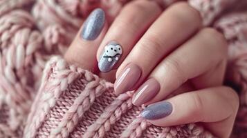 Modern Art Manicure Featuring Stylish Pastel Pink Nail Polish and a Wool Sleeve photo