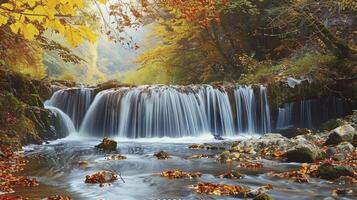 The Harmonious Blend of a Rushing Waterfall Set Against the Backdrop of an Autumn Forest photo