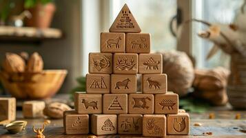 Pyramid of Earth-Tone Children's Blocks with Animal Engravings photo