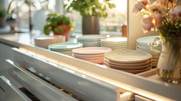 Sleek Drawers Neatly Organize Elegant Plates in Soothing Pastel Shades photo