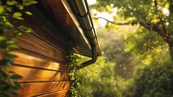 The Sleek Metallic Gutter of a Wooden Cabin, Enhanced by the Backdrop of Dense Greenery photo
