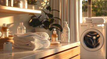 Laundry Supplies on Countertop with Towels and Washing Machine photo