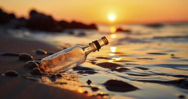 Dusk's Whisper - Message in the bottle against the Sun setting down photo