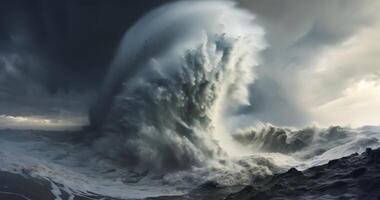 A Towering Waterspout's Dance Above the Turbulent Ocean Depths photo