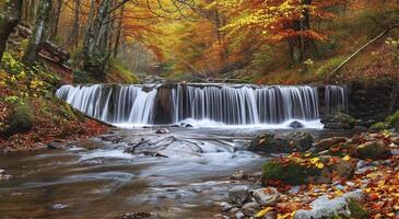 The Enchanting Scene of a Waterfall Nestled in the Rich Tapestry of an Autumn Forest photo