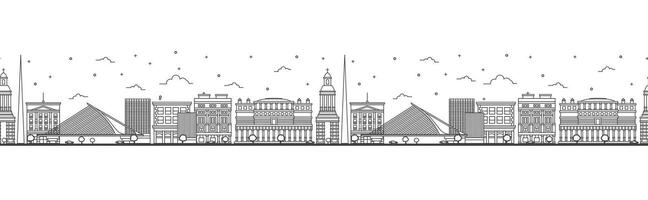 Seamless pattern with outline Dublin Ireland City Skyline. Historic Buildings Isolated on White. Dublin Cityscape with Landmarks. vector